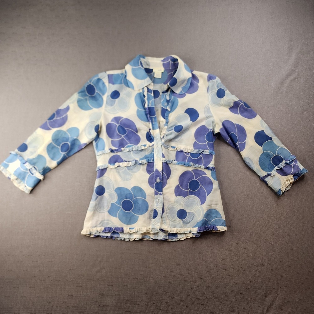 Odille Anthropologie Vintage Blue Floral Silk Ruffle Shirt 3/4 Sleeve 4 Cottage